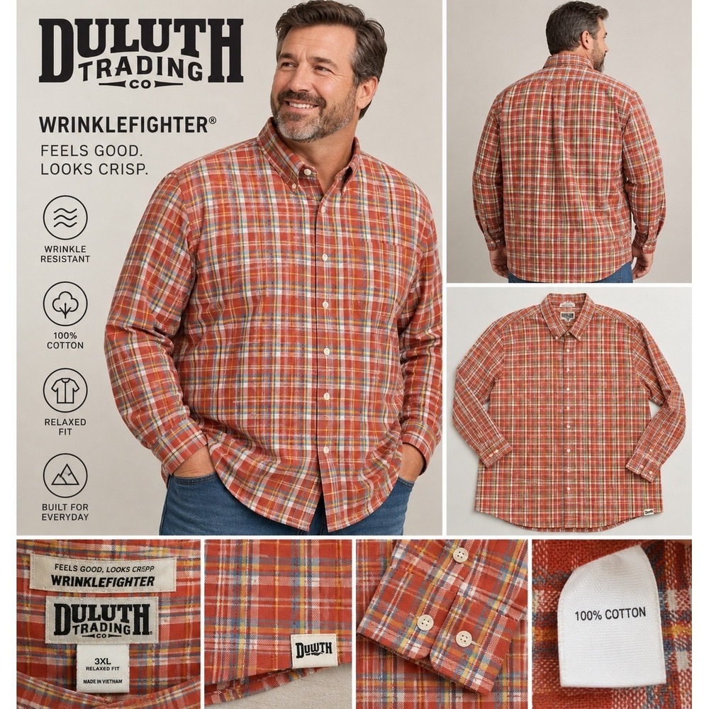 Duluth Trading Co Wrinklefighter Shirt Mens 3XL Plaid Relaxed Fit Cotton
